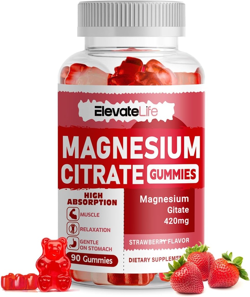 Magnesium Citrate Gummies 420 מ"ג עבור משרת - 90 חניכיים טבעוניות - מקדם רגיעה בריאה, שריר, עצמות, אנרגיה תמיכה (90 Strawberry חניכיים)