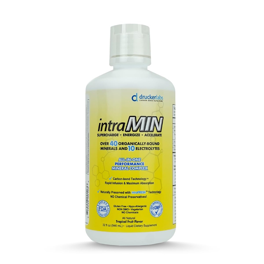 DRucker Labs - Intramin Organic Liquid Trace מינרלים תוספת תזונתית לגברים, נשים, ילדים, תמיכה במזל, תמיכה שרירים, Non GMO, Gluten Free, טבעוני, אלקטרוליטים (32 oz., טרופי Punch)