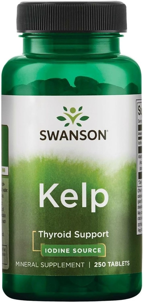 Swanson Premium Brand Kelp - Natural Iodine Source תומך בריאות Thyroid - תוספת מינרלים w / Iodine Source Standardized 0.4% - (250 טבליות, 225mcg כל אחד)