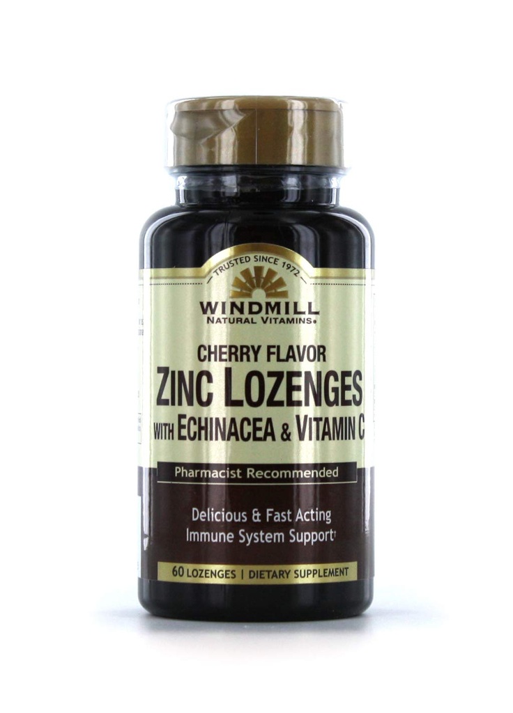 Windmill ויטמינים Zinc Lozenges עם Echinacea & ויטמין C - Cherry Flavor, 60 Lozenges, 60 משרתים, 60 הרוזן