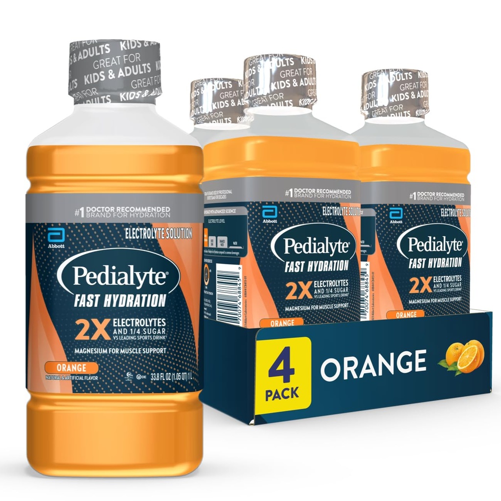 Pdialyte Fast hydrohydrtion פתרון אלקטרוליט, כתום, שתייה לחות, 33.8 Fl Oz (Pack of 4)