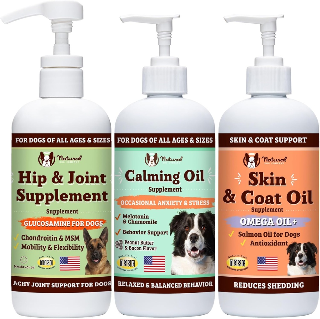 חברת כלבים טבעית, All Bund$le for Dogs, Food Toppers, תוספי מזון נוזלי עם (1) שמן Skin & Coat, (1) Glucosamine נוזלי (1) Calming Oil