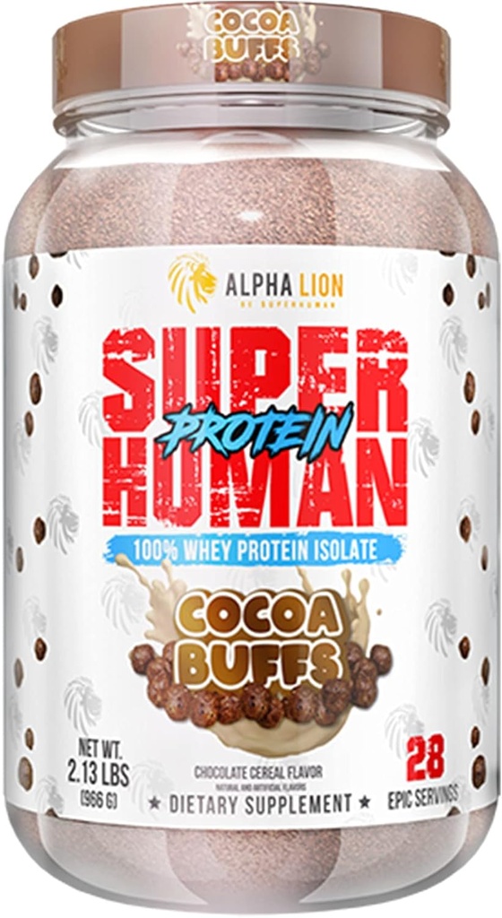 ALPHA LION Superhuman Whey אבקת חלבון, גדול Tasting Pure חלבון Isolate, Low Carb, Low Sugar, No Bloat Post Workout, שריר התאוששות וצמיחה (28 משרתים, Cocoa Buffs)