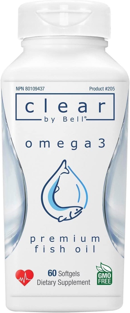 Bell Clear Pure אומגה 3 תוספי שמן דגים, 2000 מ"ג לשרת - Burp חינם Premium, נקי וקליר, No Fishy Taste ולא חוזר (burps), Cholesterol חינם, GMO ו-Allergen חינם, 60 Softgels