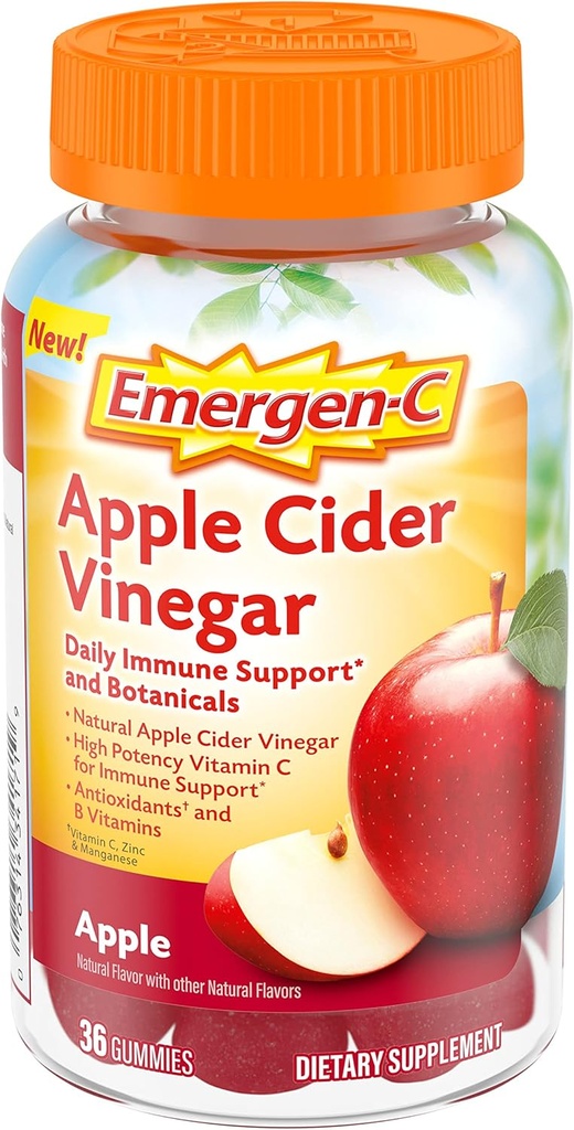 Emergen-C Apple Cider Vinegar ויטמין C Gummies, תוספת תזונתית לתמיכה ב-Immune, Apple - 36 Count