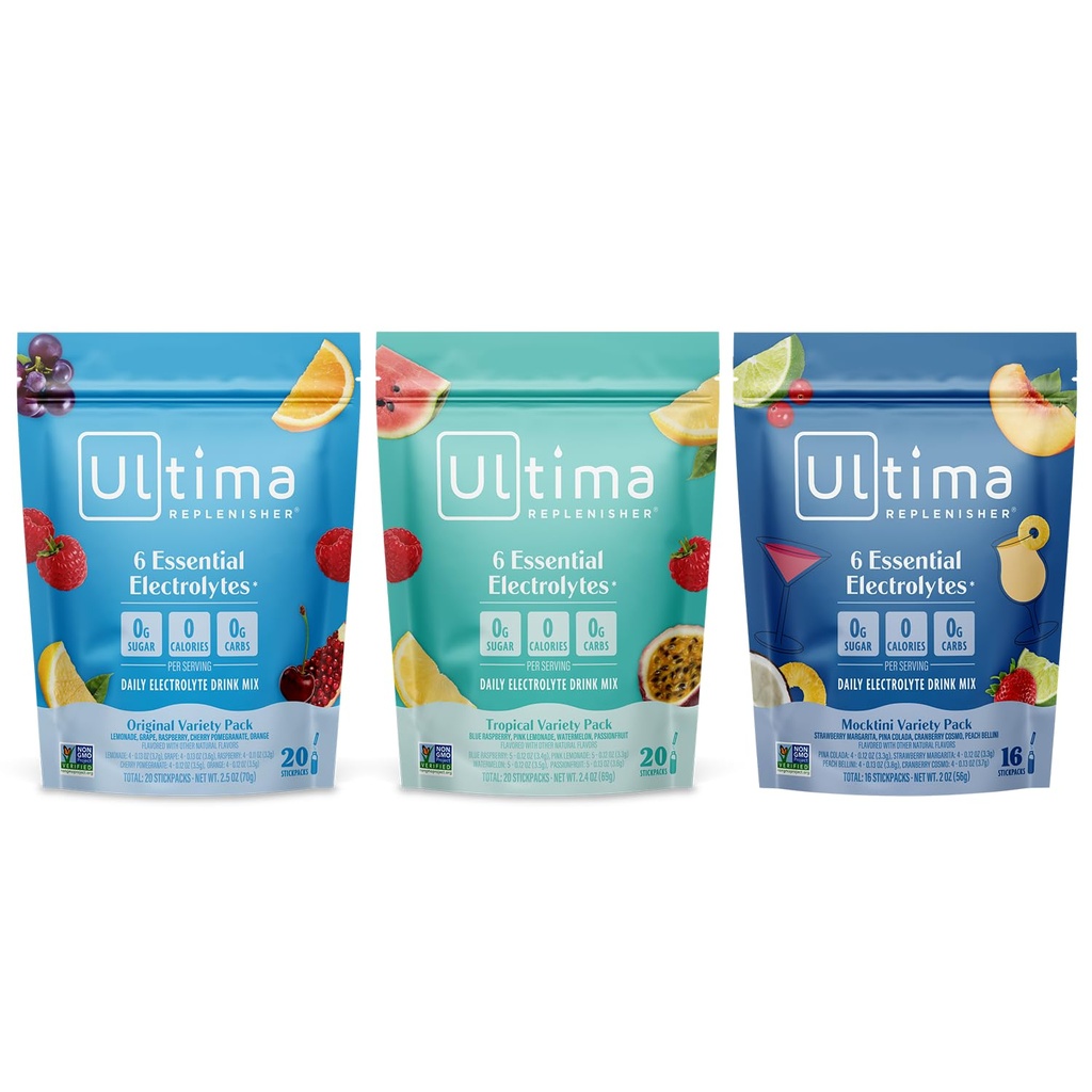 Ultima Replenisher Daily Electrolyte אבקת לשתות Mix - סוכר חינם - טרופי, Mocktini, Original Variety, 56 Stickpacks - hydrotion Packets - 6 אלקטרוליטים ומינרלים - Keto, non-GMO
