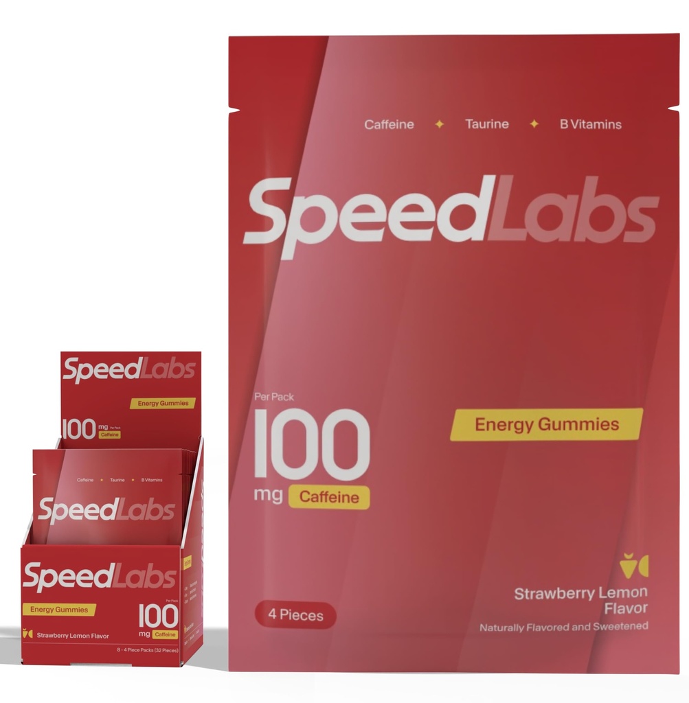 Speed Labs Caffeine Energy Gummies Strawberry לימון טבעי, 25 מ"ג Caffeine, Tairine, B-Vitamins per Piece, 32 Pieces (8 Packs) טבעוני, Gluten Free, 1g הוסיף סוכר