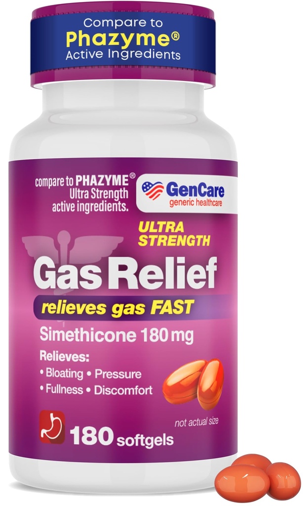 GenCare - Ultra Power Simethicone Gas Relief 180 מ"ג (180 Softgels) | Anti Flatulence, Bloating Aid, Stomach Discomfort and Gas Pressure Reliever Pills