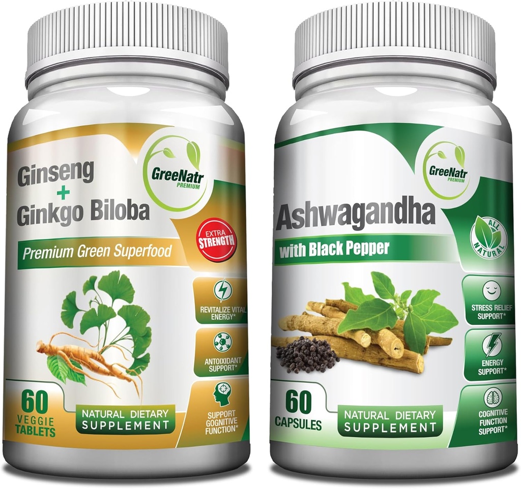 GreeNatr Premium Bundle עבור Holistic Well-Being: Organic Ashwagandha קפסולות, עם Black Pepper for Stress Relief, Plus גינזנג + גינקו בילובה טבליות, אנרגיה מסורתית Booster.