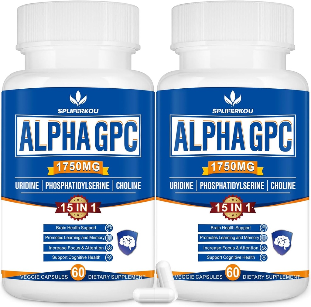 15in-1 אלפא GPC תוספת עם Phosphatidylserine, Uridine, L-theanine, Lion's Mane Mushroom, 120 קפסולות
