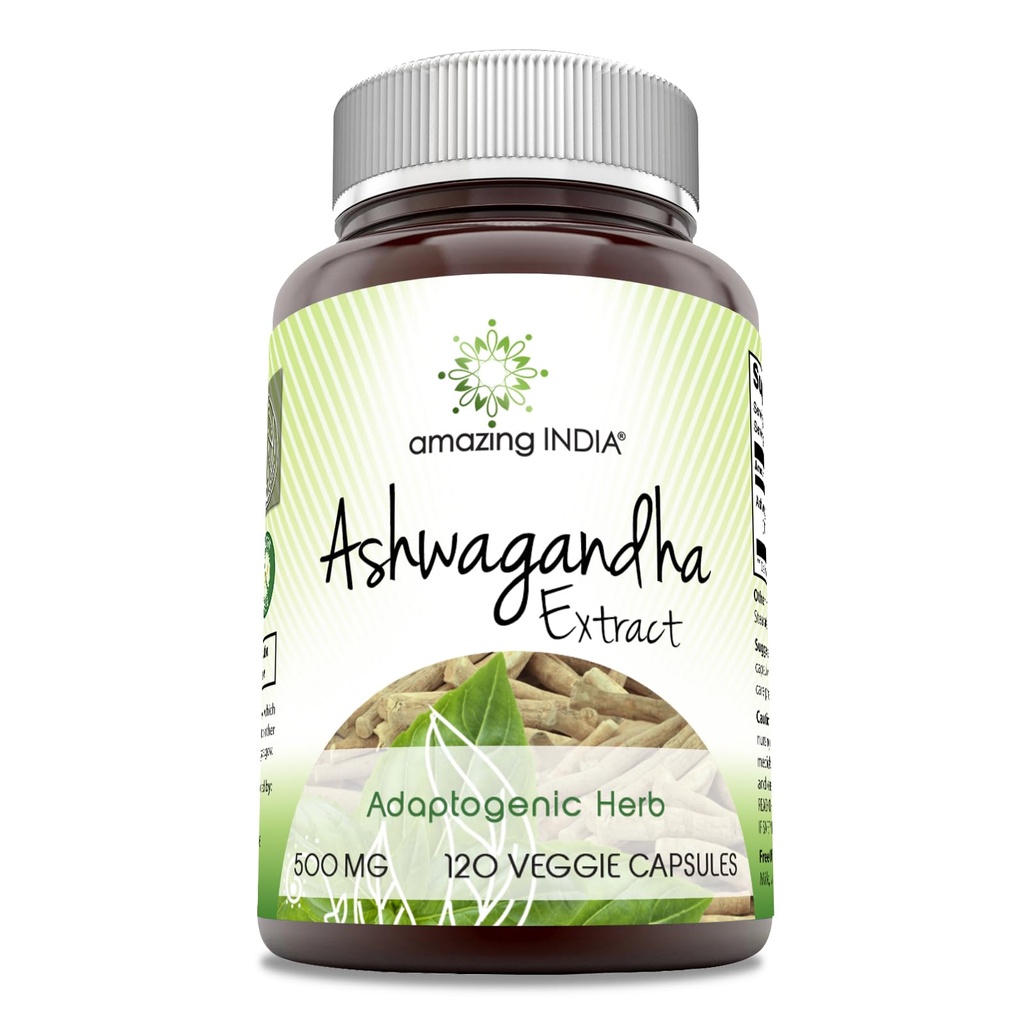 מדהים הודו Ashwagandha 500 מ"ג תוסף Veggie | Made with Natural Ashwagandha | Non-GMO | Gluten Free (120 Count)