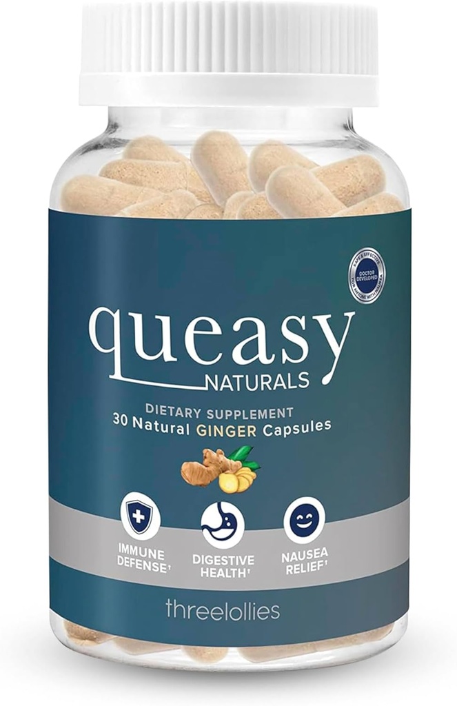 Three Lollies Quy Naturals ג'ינג'ר קפסולות - תוספת הקלה לא-Drowsy Nausea - Motion Diseaseness Prevention & Nausea הקלה במהלך צ'מותרפיה - 1000 מ"ג שורש ג'ינג'ר - 30 קפסר