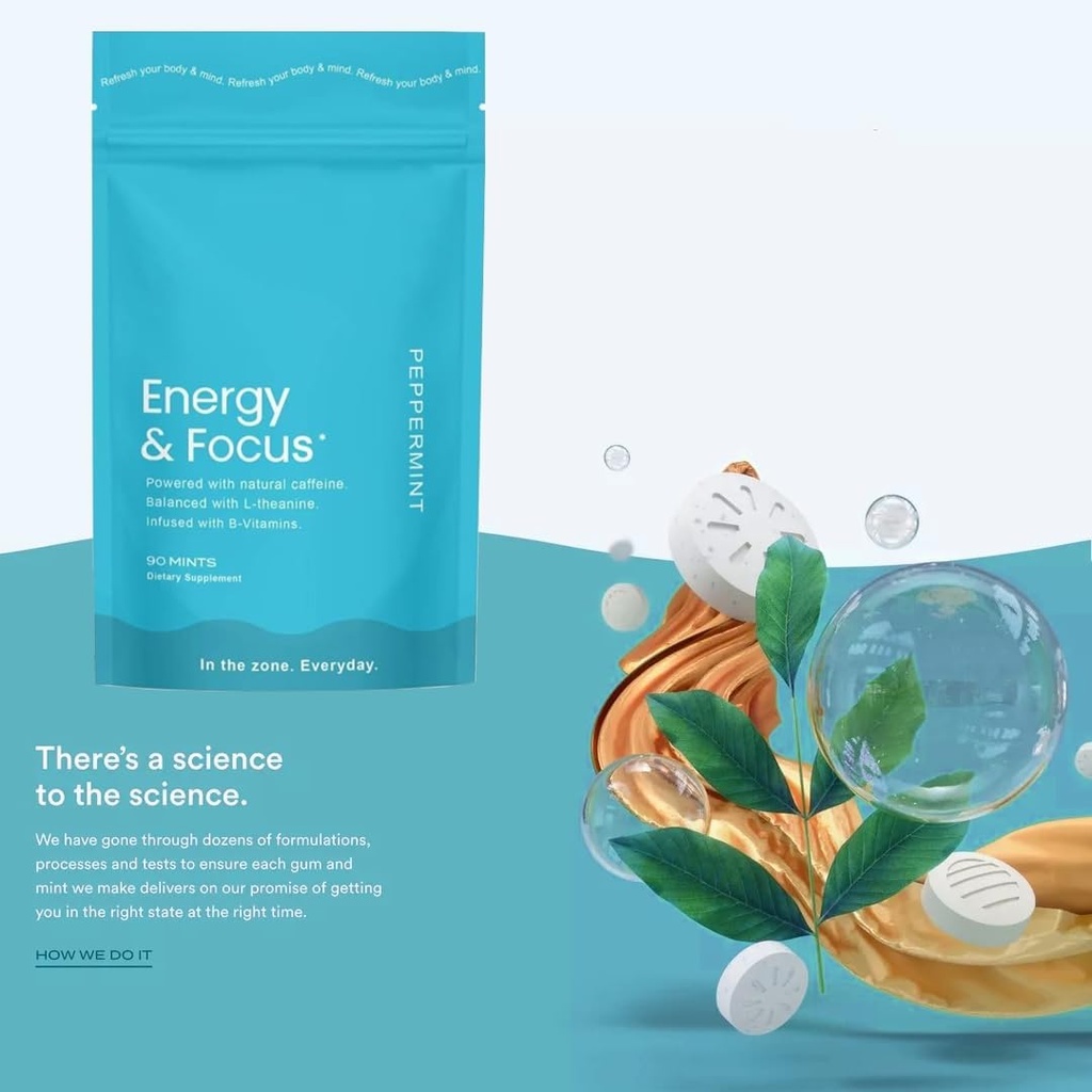 אנרגיה Caffeine Mints (90), סוכר חינם, טבעוני, Gluten-Free, Peppermint. Boosts Focus, Endurance with L-theanine, Caffeine, B12 & B6. Fast Acting, Pocket-Sized for Quick Energy.
