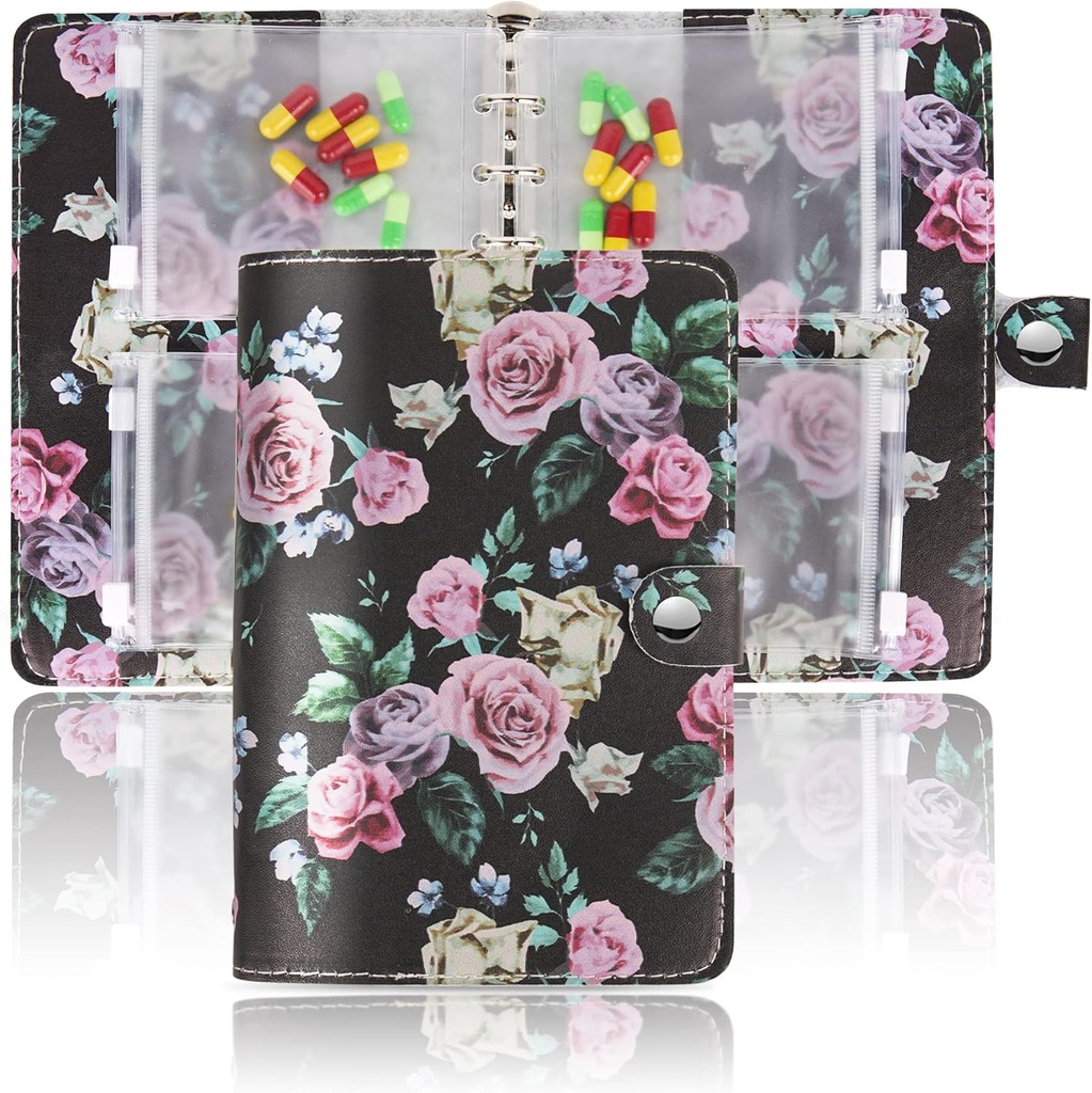 Hennaja Pill Productionser Book,Pill Pouches Clear Pill Bags Self Sealing Travel Medicine Organer (1-Black Rose)