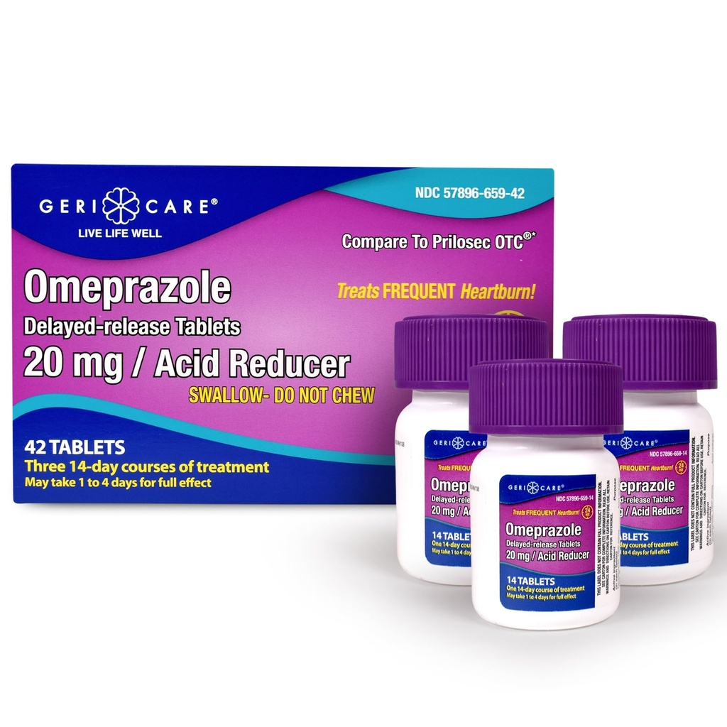 GariCare Omeprazole נדחה טבליות 20 מ"ג Stomach Acid גלולות עבור 24 Hour Heartburn- Acid Reflux Medicine כדי לטפל טבליות הקלה Frequent Heartburn- Anti-Acid Relief Tablets (42 Count)