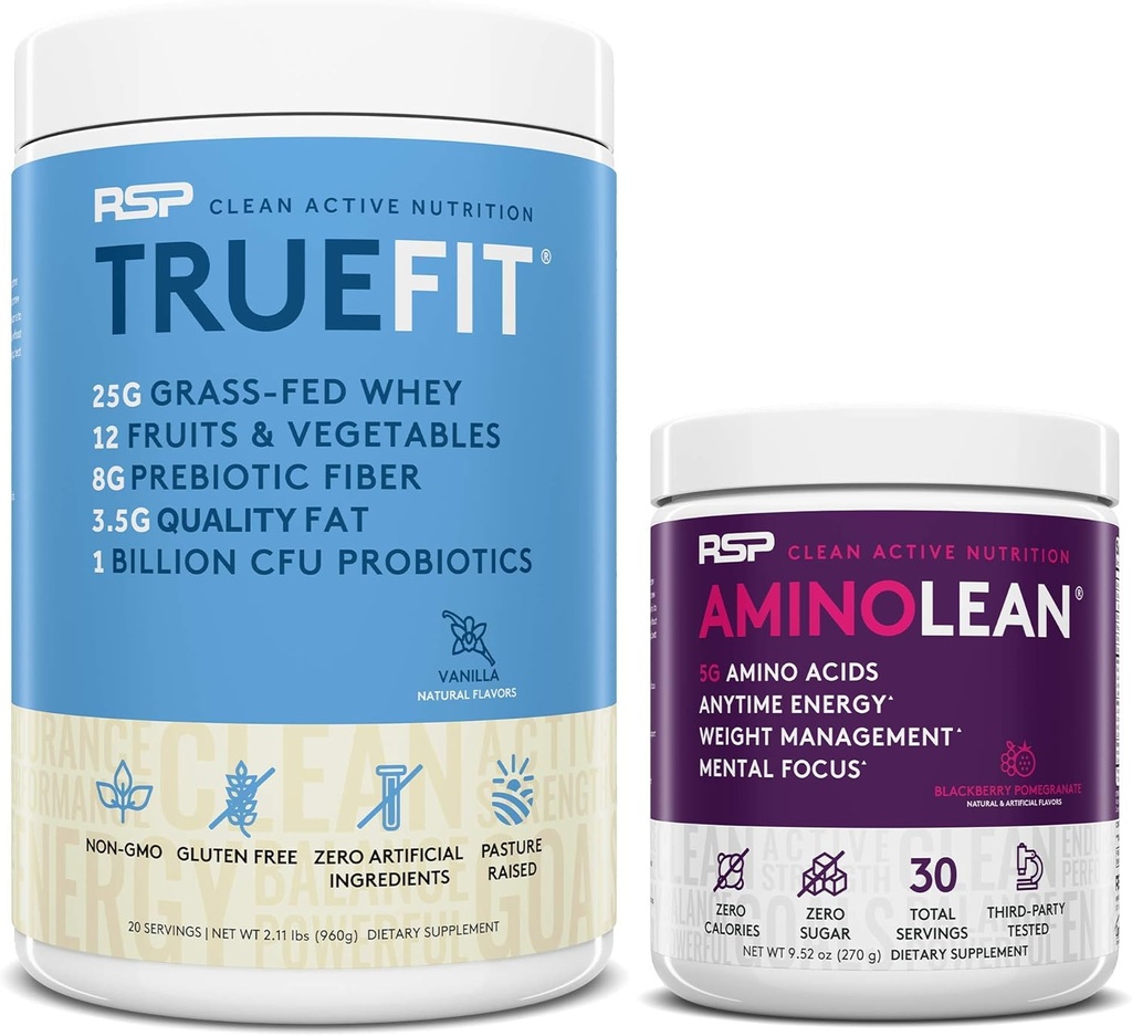 RSP NUTRITION AminoLean Pre Workout אנרגיה (BlackBerry Pomegranate 30 משרתים) עם אבקת חלבון TrueFit (Vanilla 2 LB)