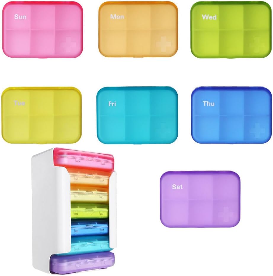 7 Piece Set Pill Productionser 6 Times a Day, Weekly Pill Case, Pill Organer with Labels, Travel Pill Dispenser 7 Day with 42 Copartments for Medicine/Vitamin/Fish Oil/Supplements - צבעי קשת