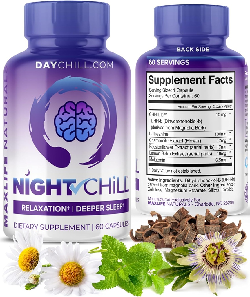 Night Chill Sleep Supplement - 60 קפסולות - תמיכה בשינה שקטה עם DHH-B מ Magnolia Bark ו- L-theanine תוסף - Stress Calm Mood תמיכה - כדורי שינה למבוגרים על ידי MaxLife Naturals