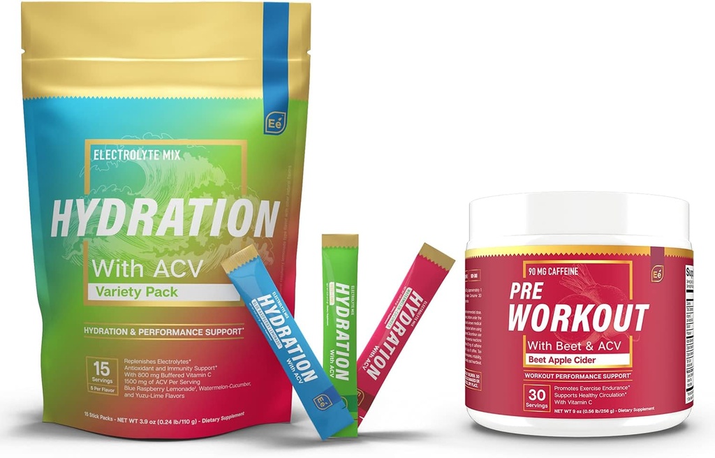 אבקת כביסה חינם סוכר Packets Variety - 15 Stick Packs & PreWorkout אבקת עם ACV | חום, פעילות, נסיעות, Daily hydrotion + Superfood אנרגיה & All-Natural Nitric ide Booster Plus Caffeine