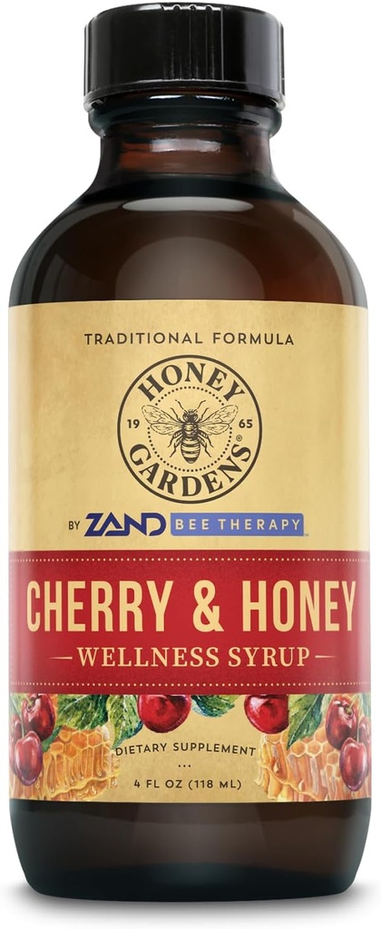 Honey Gardens Cherry & Honey Soothing גרון סירופ, Apitherapy Formula with Organic Raw Honey, אורגני Apple Cider Vinegar, Black Cherry, and Herbal Extracts, 24 משרתים, 4 FL. OZ.