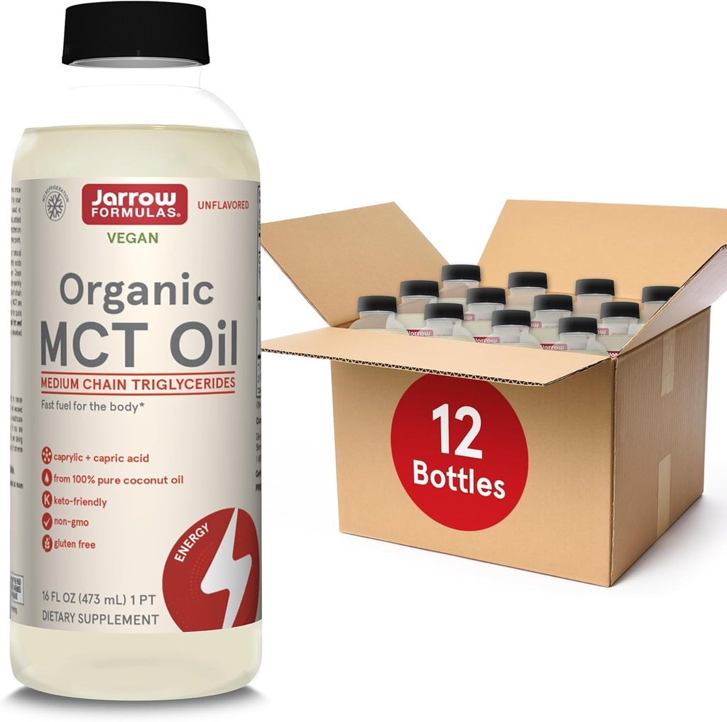 Jarrow Formulas Organic MCT שמן - 16 fl oz - דלק מהיר למוח ולשרירים - Caprylic (C8) + Capric Acid (C10) - תוסף דיאט ידידותי Ketogenic - Unflavored (Pack של 12)