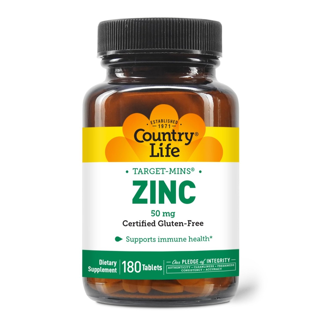 Country Life Target-Mins Zinc 50 מ"ג 180 טבליות - תוספי Zinc לבריאות החיסון - Zinc 50 מ"ג - Zinc Support