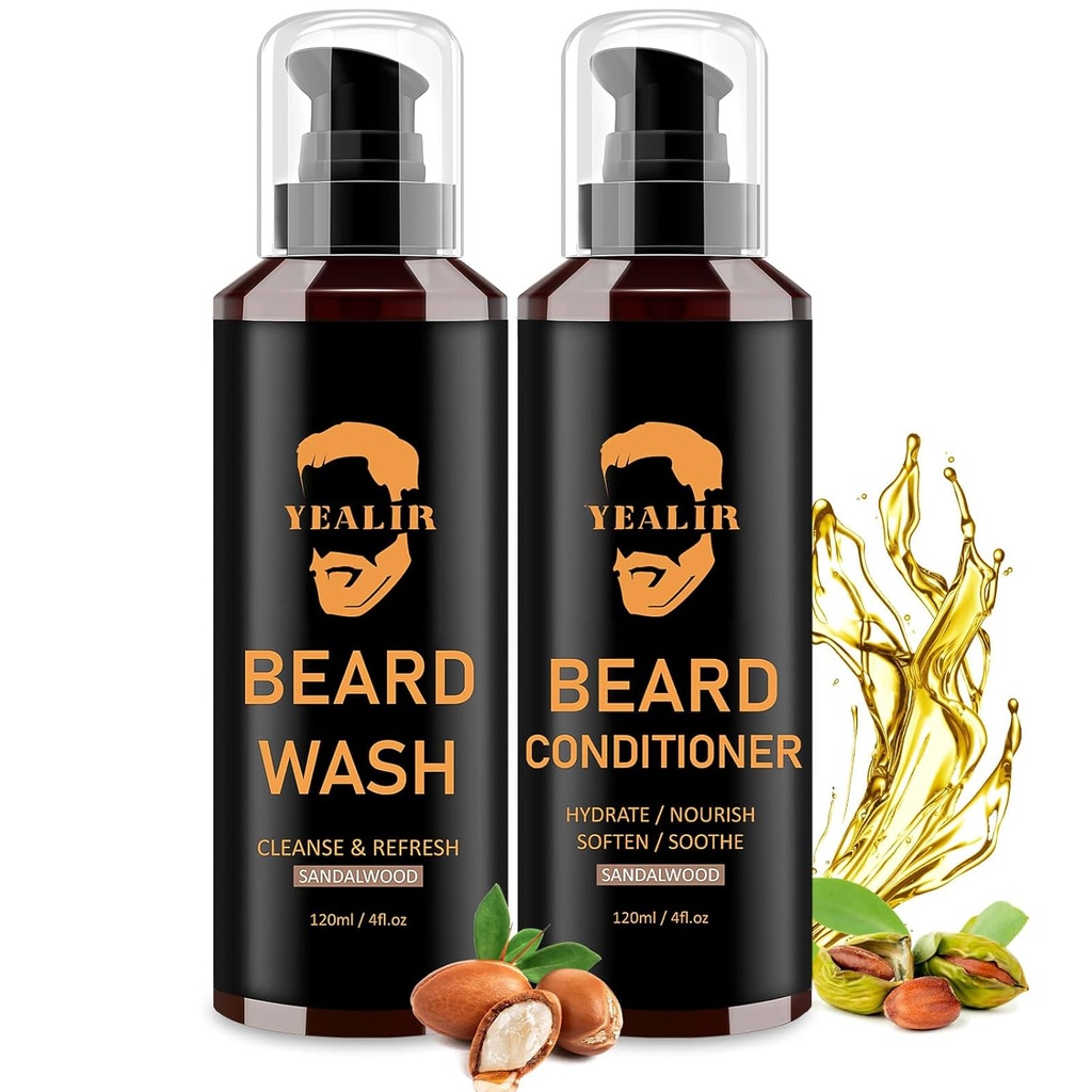 Beard Wash & Conditioner for Men - Soften & Hydrate with Argan & Jo Joba Oil - Controls Dandruff & Itching for a Fresh, Smooth & Tangle-Free Beard - 2Pack (4oz כל אחד)