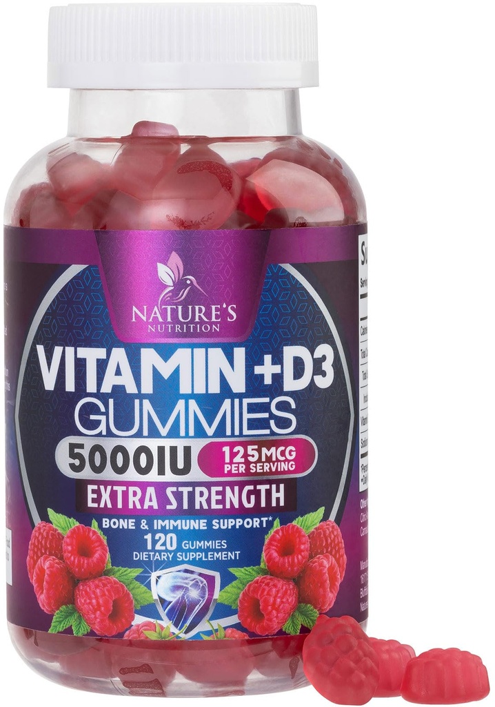 ויטמין D3 תוספת חניכיים 5000 IU (125 mcg) ויטמינים דיאטניים D עבור גברים ונשים - עצם, שיניים, שריר ותמיכה בריאות החיסון, High Potency VIT D3 Nature's Non-GMO & Gluten חינם - 120 מסטיקנים