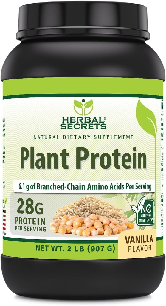 Herbal Secrets Plant חלבון 2 Lb אבקת; 28 דקדוק חלבון לשרת | 6.1 גרמים BCAA | תוספת טבעונית | 23 משרתים | Made in USA (2 Lb, Vanilla)