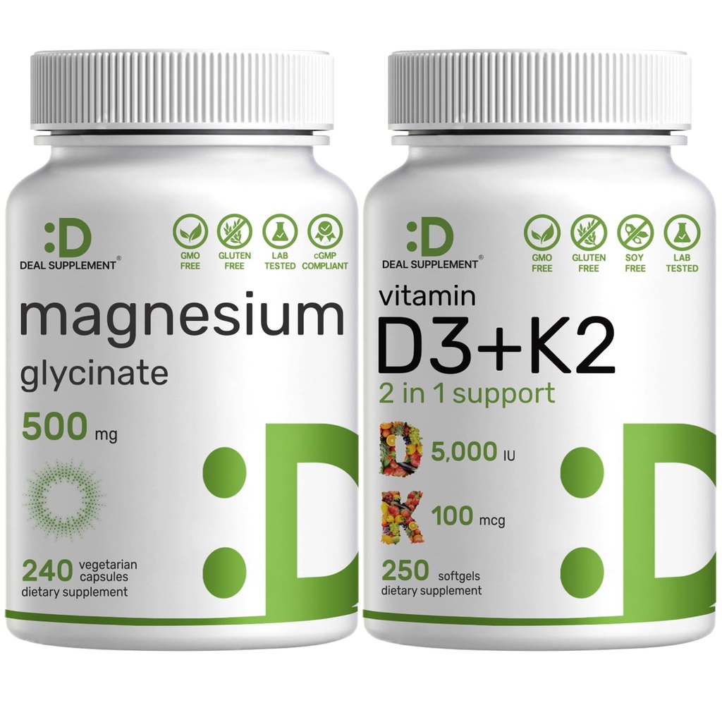 מגנזיום Glycinate 500mg Veggie קפסולות & ויטמין D3 5000iu + K2 100mcg Softgels Bundle - בקלות Absorbed Chelated מינרלים - D & K Essential Sunshine ויטמינים