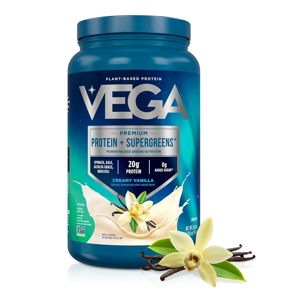Vega Premium חלבונים + Supergreens - 20g חלבון, Creamy Vanilla, 25 משרתים, Spinach,Kale, alphalfa Grass, Broccoli, 0g הוסיף סוכר, non-GMO, Gluten Free, Milk Free, 1.68 lbs (Packaging May Vary)