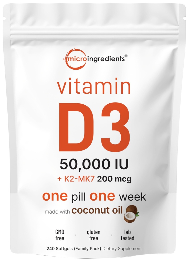 Micro Ingredients ויטמין D350,000 IU + K2 MK 7 200 mcg, 240 Softgels | שמן קוקוס בתולה | 2-in-1 העצם, Immune & Heart Support | Easy to Swallow, non-GMO