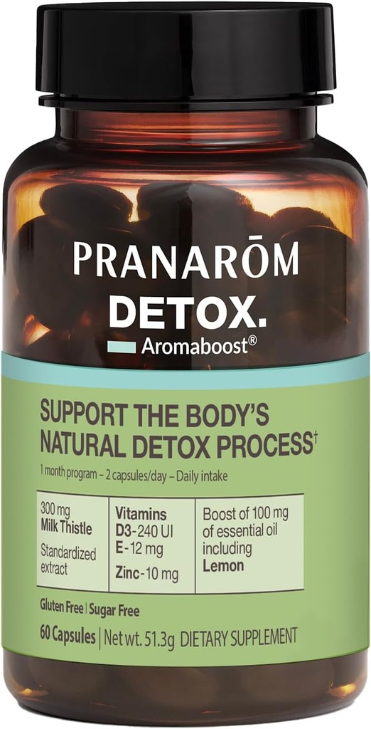 Pranarom - Aromaboost Detox Herbal תוסף - מבטל את טוקסין ודרין הגוף - חלב זהט ו Zinc - ויטמינים D3 ו- E - שמן לימון חיוני - 60 הרוזן