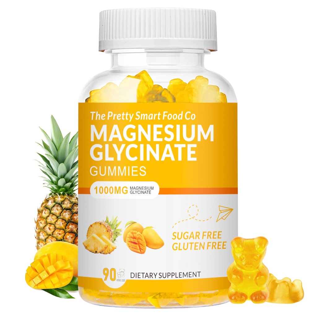 Magnesium Glycinate Gummies 1000 מ"ג - 90 Ct | Magnesium Potassium תוספי מזון להרגעה, לחץ הקלה, עם ויטמין D, B6, CoQ10 עבור Calm Mood & Sleep Support - מנגו Pineapplemies