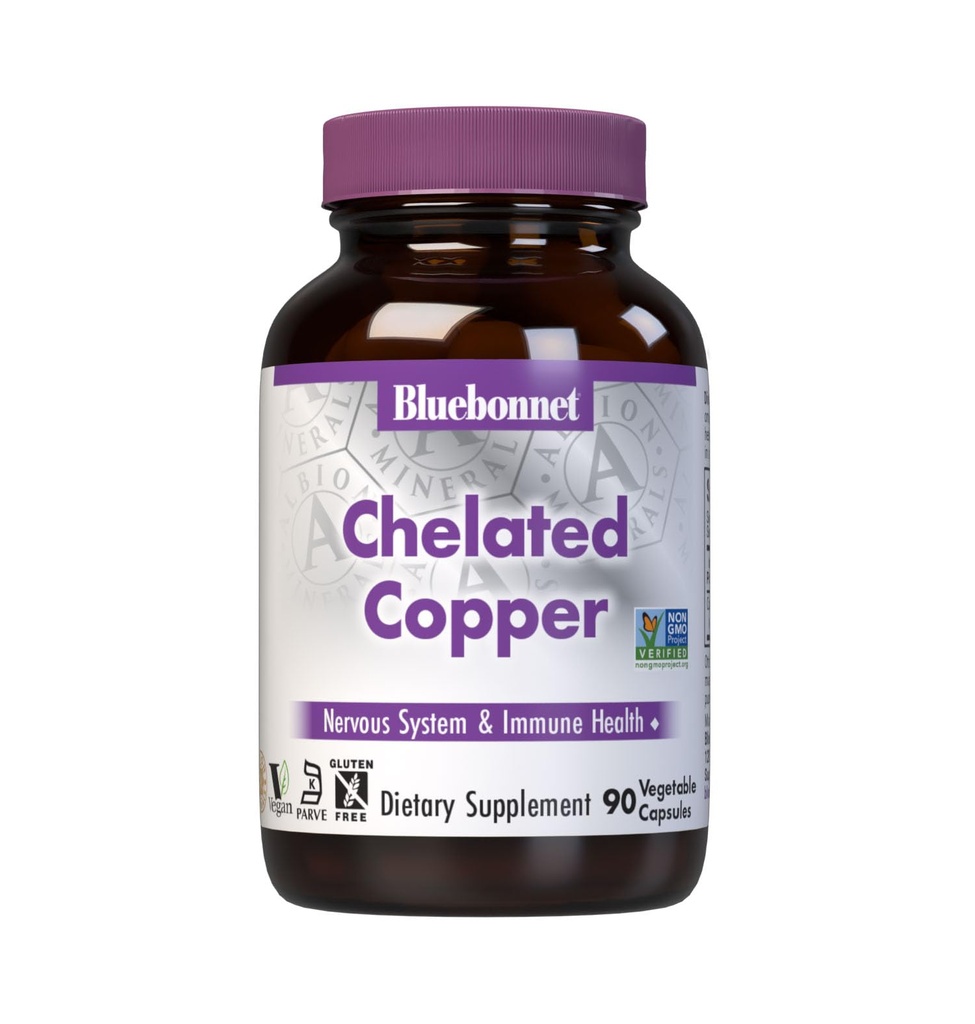 Bluebonnet Nutrition Albion Chelated Copper, 3 מ"ג של Copper, For Nervous System & Immune Health *, Soy-Free, Gluten-Free, non-GMO, מוסמך כשר, ללא חלב, 90 קפסולת ירקות, 90 לשרתים, 90 לשרתים