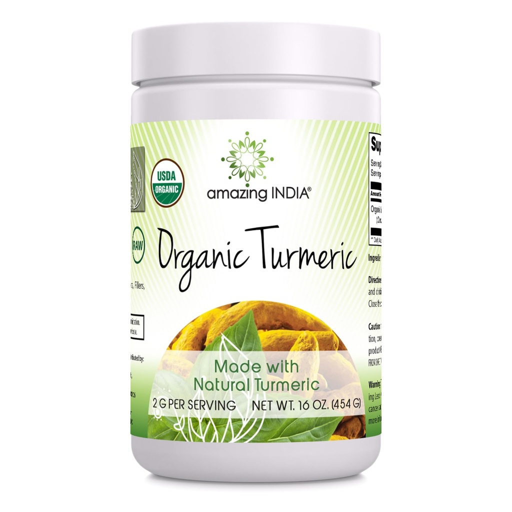 Amazing India USDA Certified Organic Turmeric Powder 16 Oz (1 Lb) Supplement | Non-GMO | Gluten Free | Made in USA