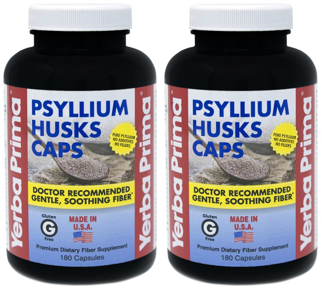 Yerba Prima Psyllium Husk Caps - 180 קפסולות (Pack of 2) - Easy to Swallow סיבים תוספת - קירור קולון - בריאות - גלוקוז ללא GMOten חינם