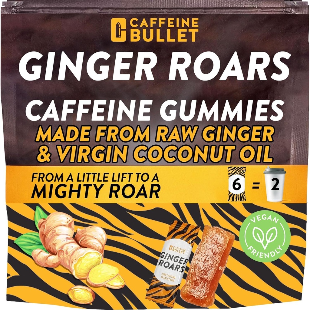 Roars - Caffeine ג'ינג'ר צ'רדס - 12 Caffeine Candies כל 33 מ"ג Caffeine עם מתכון טבעי טעים ג'ינג'ר פלאמור ופירי. אנרגיה מבוססת צמחים יורה, חטיף בריא טבעוני למבוגרים.
