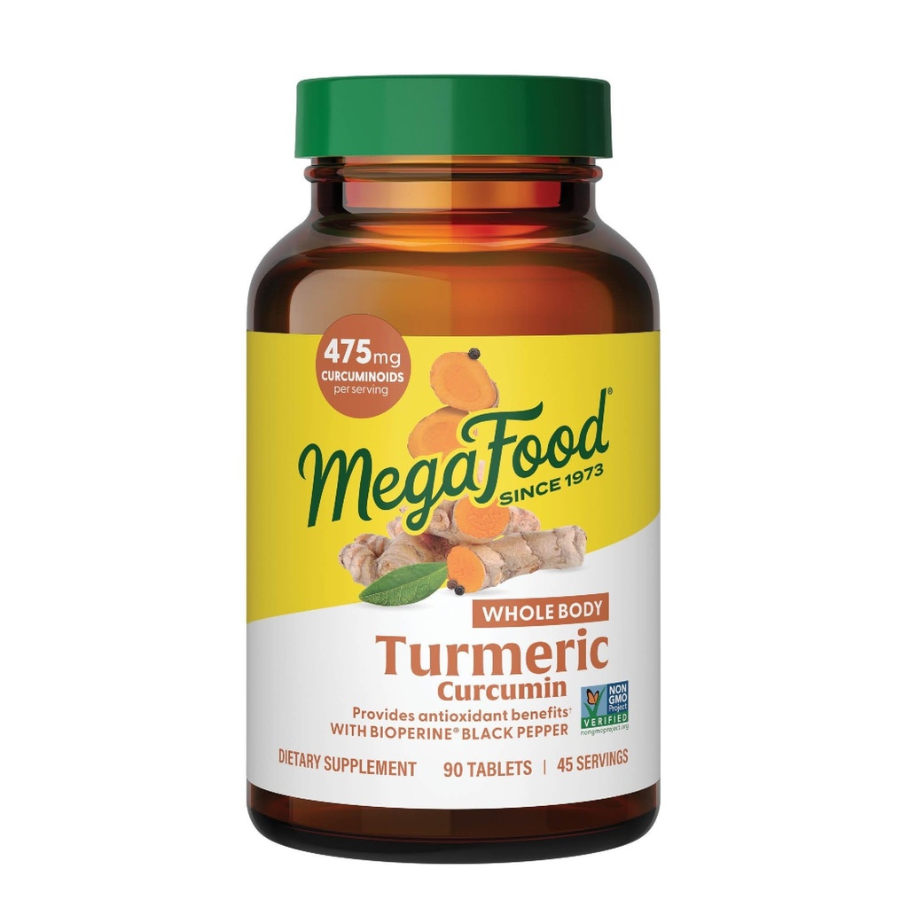 Mega Food Whole Body Turmeric Curcumin תוסף Turmeric בתוספת Black Pepper & ויטמין C - 475 מ"ג Curcuminoids Per משרת - אנטיoxidant & Immune Support - טבעוני - 90 טבליות, 45 משרתים