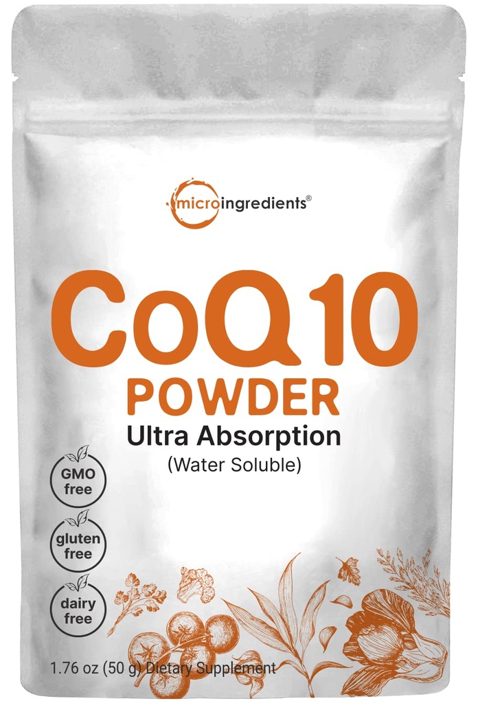 Micro Ingredients Water Soluble COQ10 תוסף (COQ10 200 מ"ג עבור אבקת טופס), 50 גרמים (8 חודשים אספקה), תוספת Absorption, תמיכה בריאות הלב ואנרגיה, טבעוני ידידותי