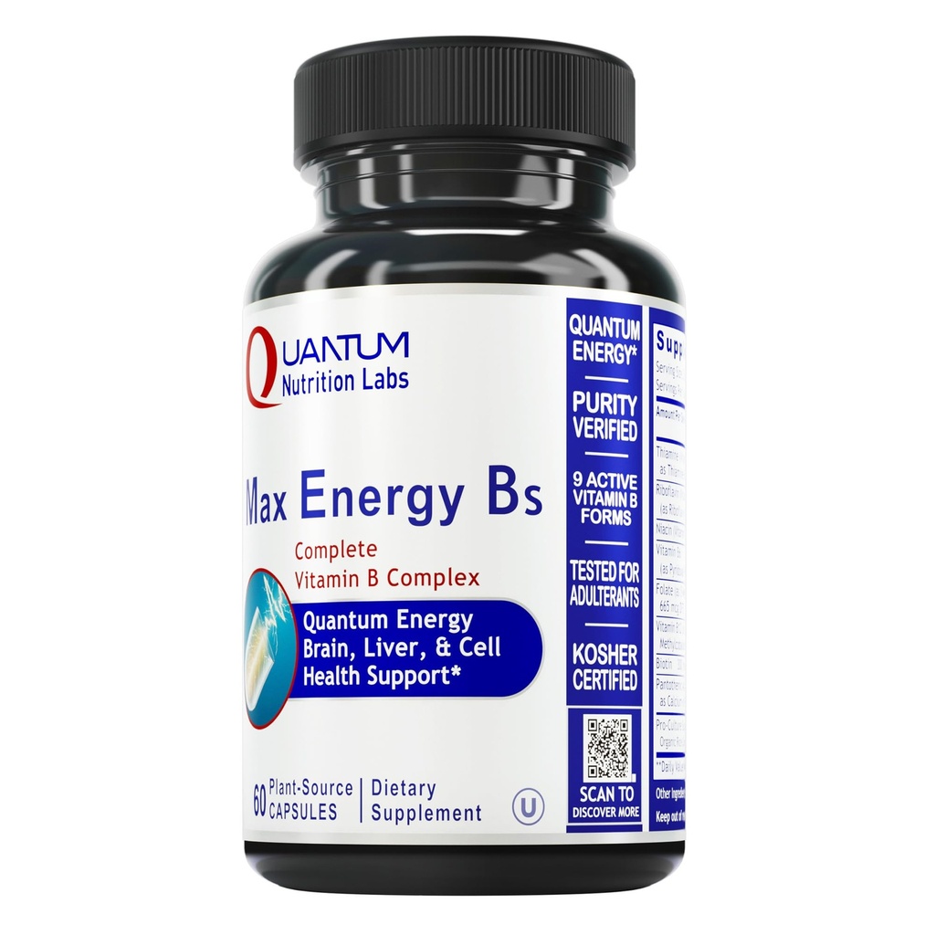 Quantum Nutrition Labs Max Energy Bs - ויטמין B Complex, Methylated B Complex ויטמינים עם ויטמין B1, B6, B12, Thiamin, Folate ו Biotin - 60 קפסולות צמחוניות