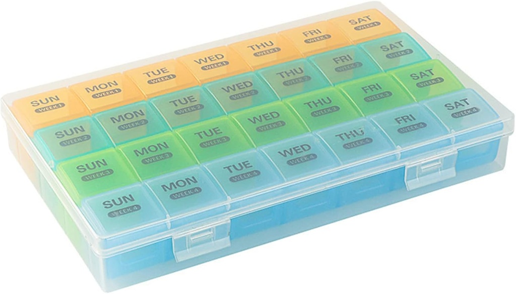 מארגנת גלולת גלולות חודשית 1 פעם ביום עם אבק Proof Case, תוספת גדולה 4 שבועות גלולת גלולת גלולות פעם ביום, 28 ימים Pill Container 1 Per Day, שבועי ויטמין מקרה, מארגנת תרופות יומי עבור שמן דגים