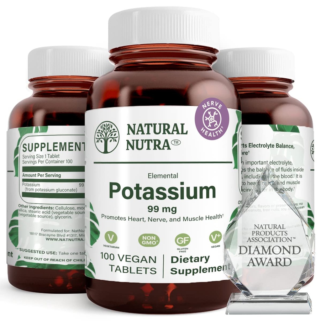 טבעי Nutra Elemental Potassium Gluconate 99 מ"ג תזונה - מקדם אנרגיה, עוזר Boost Nervous System, מקדם בריאות הלב, רגולציה מינרלים, תפקוד שרירים - 100 טבליות טבעוניות