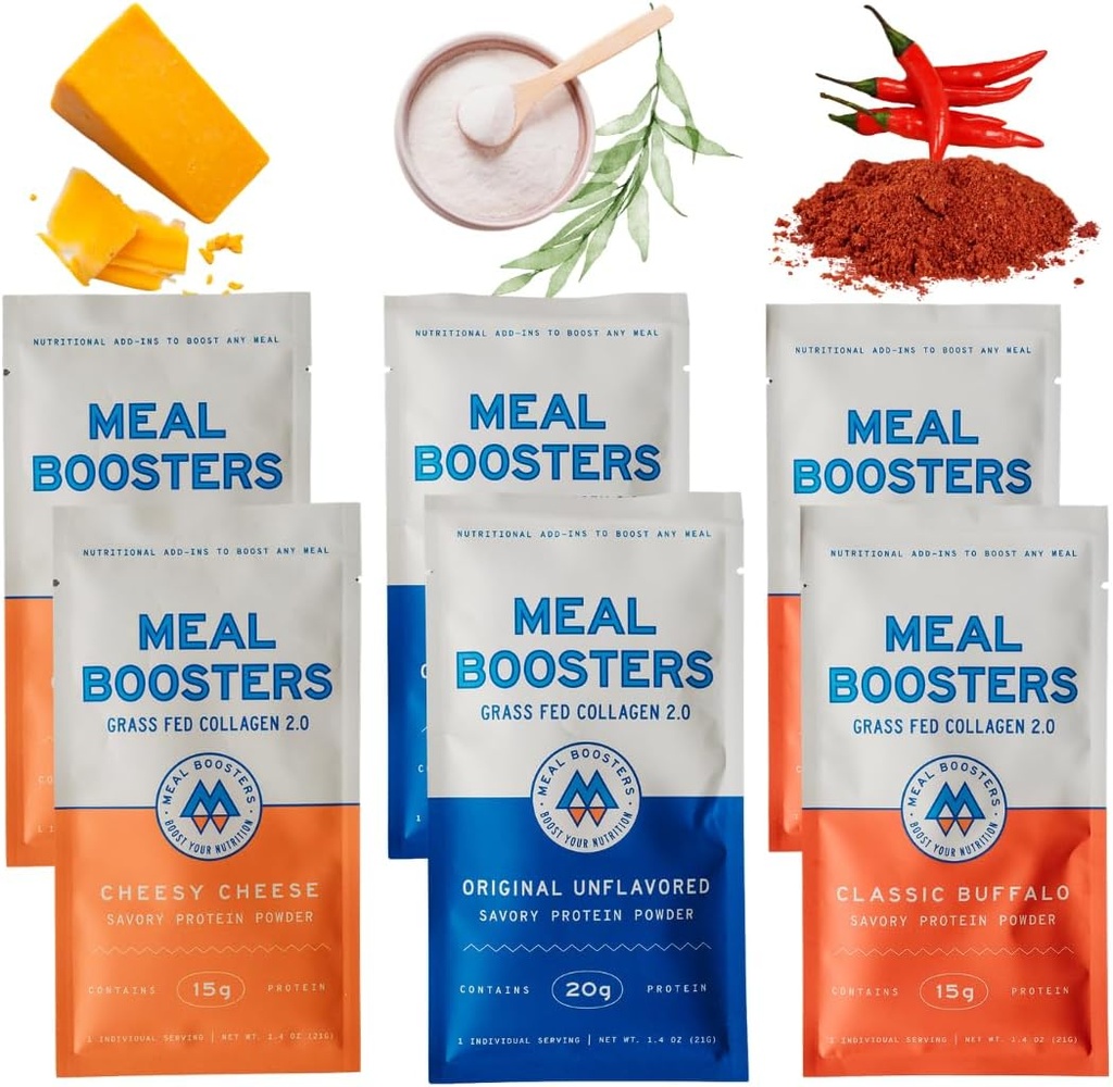 Meal Boosters MB Variety Pack Sampler Savory חלבון, גבינות צ'סי, באפלו, Unflavored, Grass-Fed Collagen, growth, Tendon, Ligament, Hair Skin Fix, Gut Health
