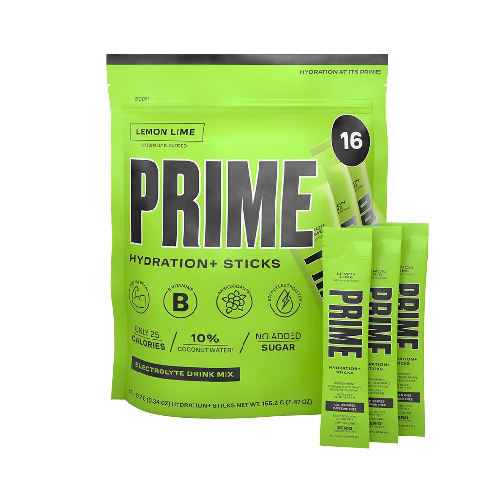 PRIME HYDRATION+ Sticks Lemon Lime | אבקת הידרה רווקה מגישה מקלות | אבקת אלקטרוליט על Go | Low Sugar | Caffeine-Free | 16 Sticks