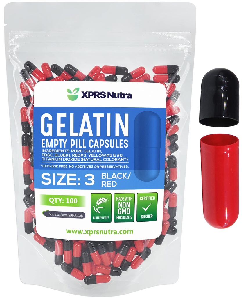 XPRS Nutra Size 3 קפסולות ריקות - 100 הרוזן ריק גלוטין קפסולות - Pills DIY כמוסות מילוי - Pure Bovine Pill Gel Caps Fillable for Do-It-Yourselfs and Supplements (Black/Red)