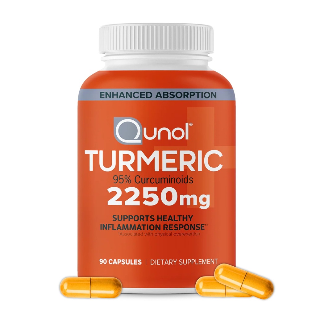Qunol Turmeric Curcumin עם Black Pepper, 2250 מ"ג תמצית Turmeric עם 95% Curcuminoids, תוספת כוח Turmeric תוספת תוסף Turmeric, שיפור Absorption, תמיכה משותפת, 90 קפסולות צמחוניות