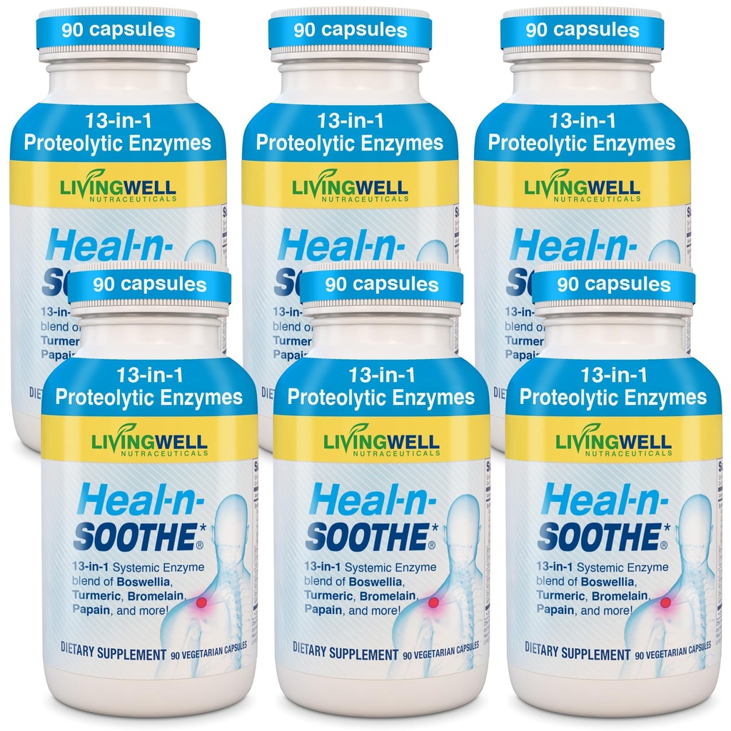 HEAL-N-SOOTHE Joint Support Supplements - Proteolytic Enzymes כמו Bromelain & Papain, עם Boswellia, Turmeric & ג'ינג'ר - מקדם את התפקוד וההגנה על הגוף של חלבון