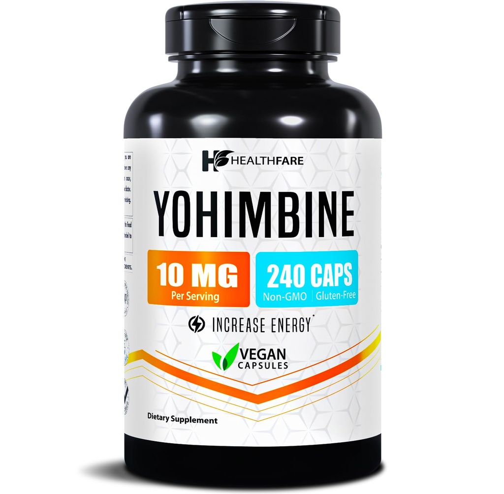 Healthfare Yohimbine HCL 10mg | 240 קפסולות טבעוניות | פורמולה כוח מקסימלית | Non-GMO & Gluten-Free | Made in USA