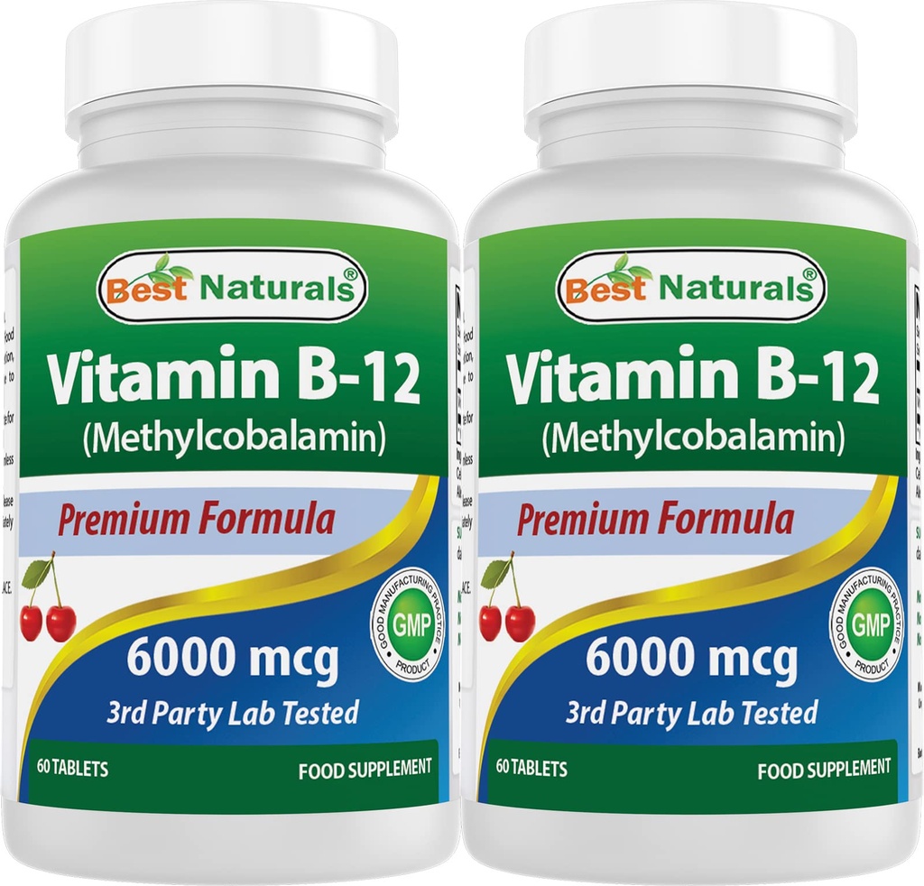 Best Naturals ויטמין B-12 כמו Methyylobalamin (Methyl B12, 6000 mcg 60 טבליות sublingual Tablet (60 Count)